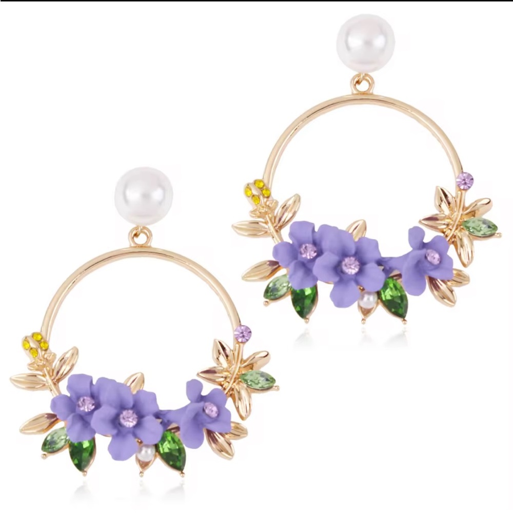 Fashion Jewelry Gold Floral Earrings with Lilac and Green Accents. - Picture 3 of 11